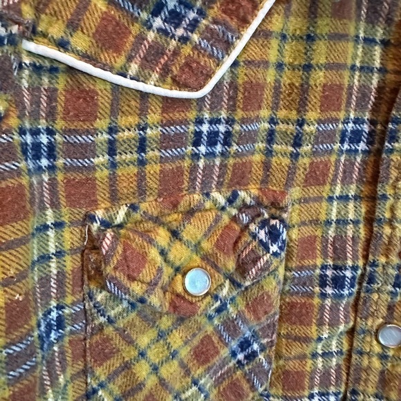VTG 70s Fruit of The Loom Boys Plaid Western Yellow Flannel Pearl Snaps Sz 12 - Picture 3 of 6